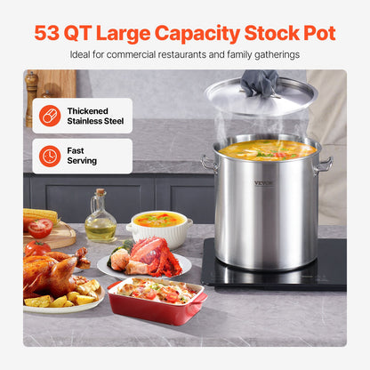 53QT Rostfritt stål Stockpot Matlagning Kökssåsgryta med lockhandtag