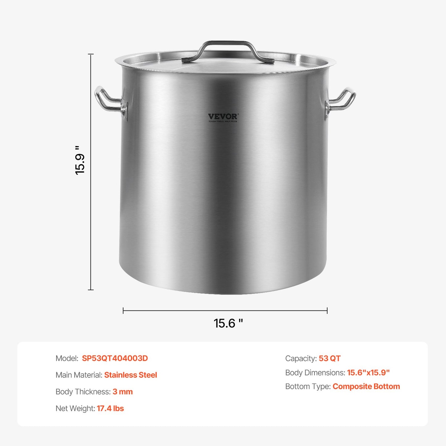 53QT Rostfritt stål Stockpot Matlagning Kökssåsgryta med lockhandtag