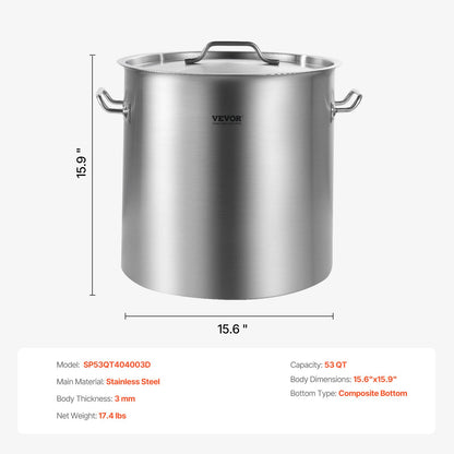 53QT Rostfritt stål Stockpot Matlagning Kökssåsgryta med lockhandtag