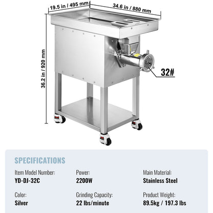 Commercial Electric Meat Grinder 22Lb/Min 2200W Industrial Cabinet Grinder