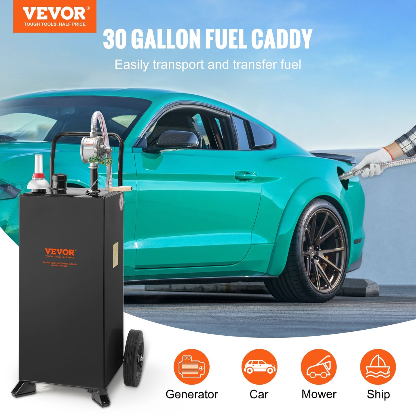 30 Gallon Gas Caddy, Fuel Tank with Wheels, Portable Fuel Caddy with Manual Transfer Pump, Gasoline Diesel Fuel Container for Cars, Lawn Mowers, ATVs, Boats, More, Black