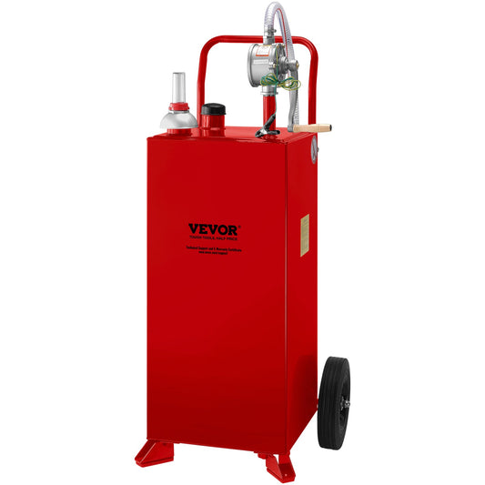 30 Gallon Fuel Caddy, bränsletank på 2 hjul, Portable Gas Caddy med manuell överföringspump, bensin dieselbränslebehållare för bilar, gräsklippare, terränghjulingar, båtar, mer, röd