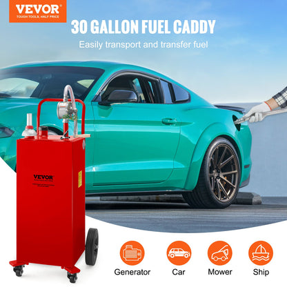 30 Gallon Fuel Caddy, Gas Storage Tank and 4 Wheels, with Manual Transfer Pump, Gasoline Diesel Fuel Container for Cars, Lawn Mowers, ATVs, Boats, More, Red