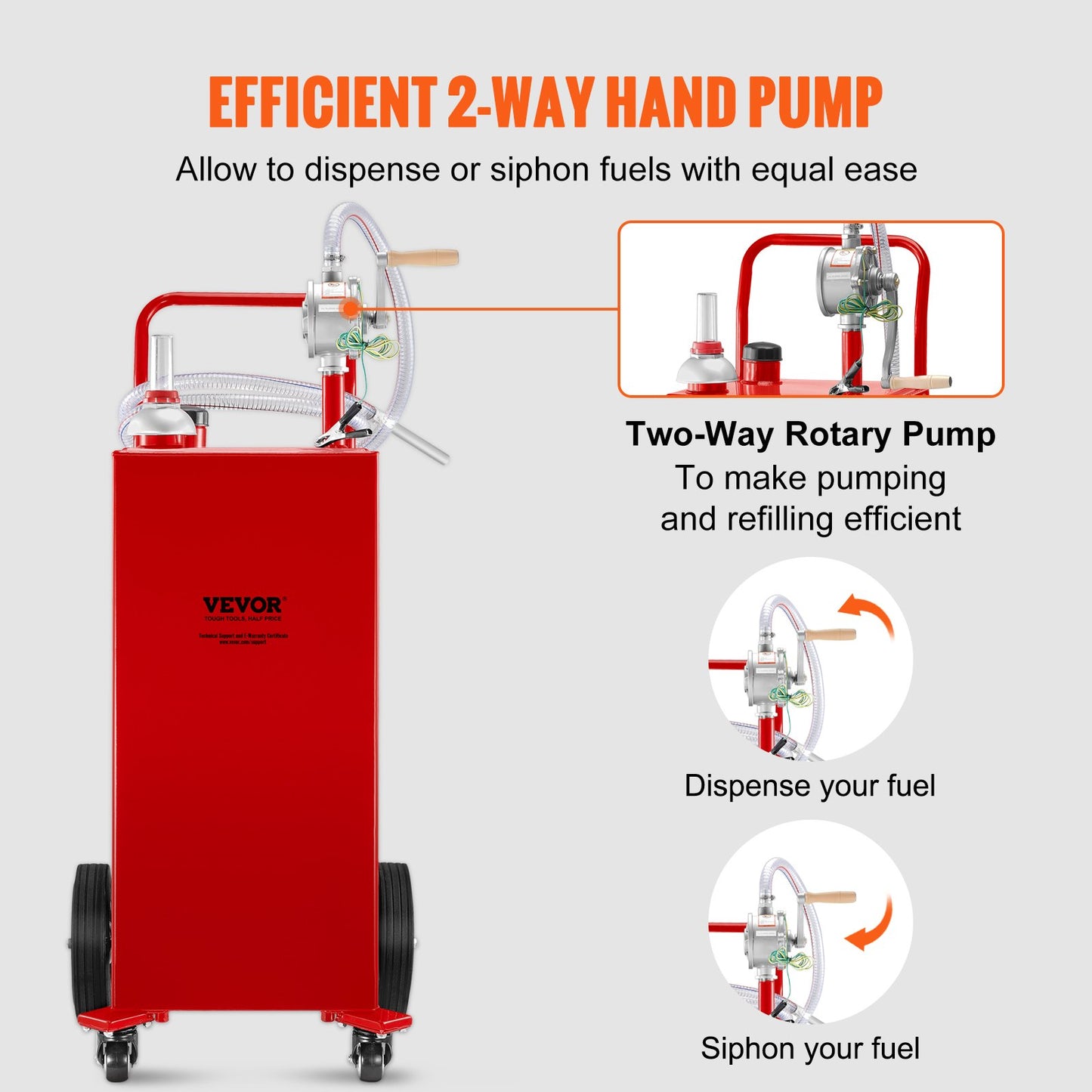 30 Gallon Fuel Caddy, Gas Storage Tank and 4 Wheels, with Manual Transfer Pump, Gasoline Diesel Fuel Container for Cars, Lawn Mowers, ATVs, Boats, More, Red