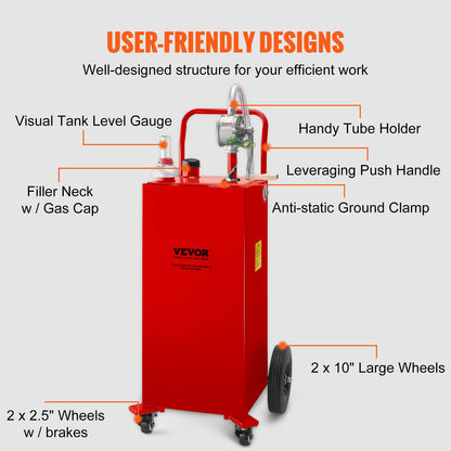 30 Gallon Fuel Caddy, Gas Storage Tank and 4 Wheels, with Manual Transfer Pump, Gasoline Diesel Fuel Container for Cars, Lawn Mowers, ATVs, Boats, More, Red