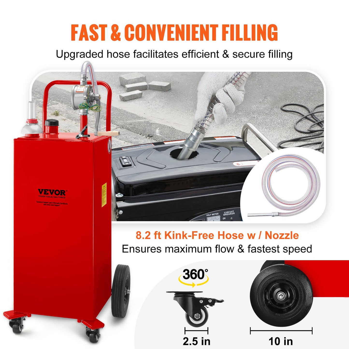 30 Gallon Fuel Caddy, Gas Storage Tank and 4 Wheels, with Manual Transfer Pump, Gasoline Diesel Fuel Container for Cars, Lawn Mowers, ATVs, Boats, More, Red