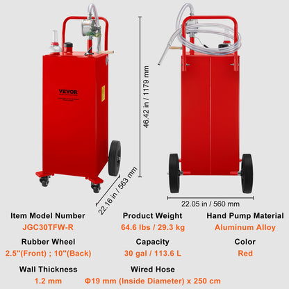 30 Gallon Fuel Caddy, Gas Storage Tank and 4 Wheels, with Manual Transfer Pump, Gasoline Diesel Fuel Container for Cars, Lawn Mowers, ATVs, Boats, More, Red