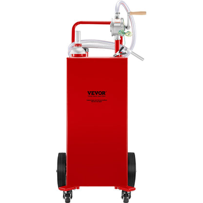 30 Gallon Fuel Caddy, Gas Storage Tank and 4 Wheels, with Manual Transfer Pump, Gasoline Diesel Fuel Container for Cars, Lawn Mowers, ATVs, Boats, More, Red