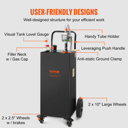 Fuel Caddy Fuel Storage Tank 35 Gallon 4 hjul med Manuell Pump, Svart