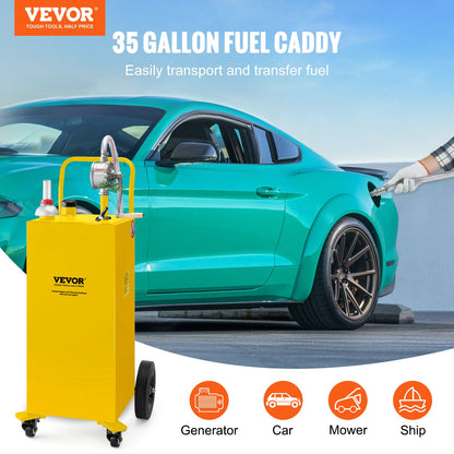 Fuel Caddy, 35 gallon, gaslagringstank på 4 hjul, med manuell överföringspump, bensindieselbränslebehållare för bilar, gräsklippare, terränghjulingar, båtar, mer, gul
