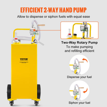 Fuel Caddy, 35 gallon, gaslagringstank på 4 hjul, med manuell överföringspump, bensindieselbränslebehållare för bilar, gräsklippare, terränghjulingar, båtar, mer, gul