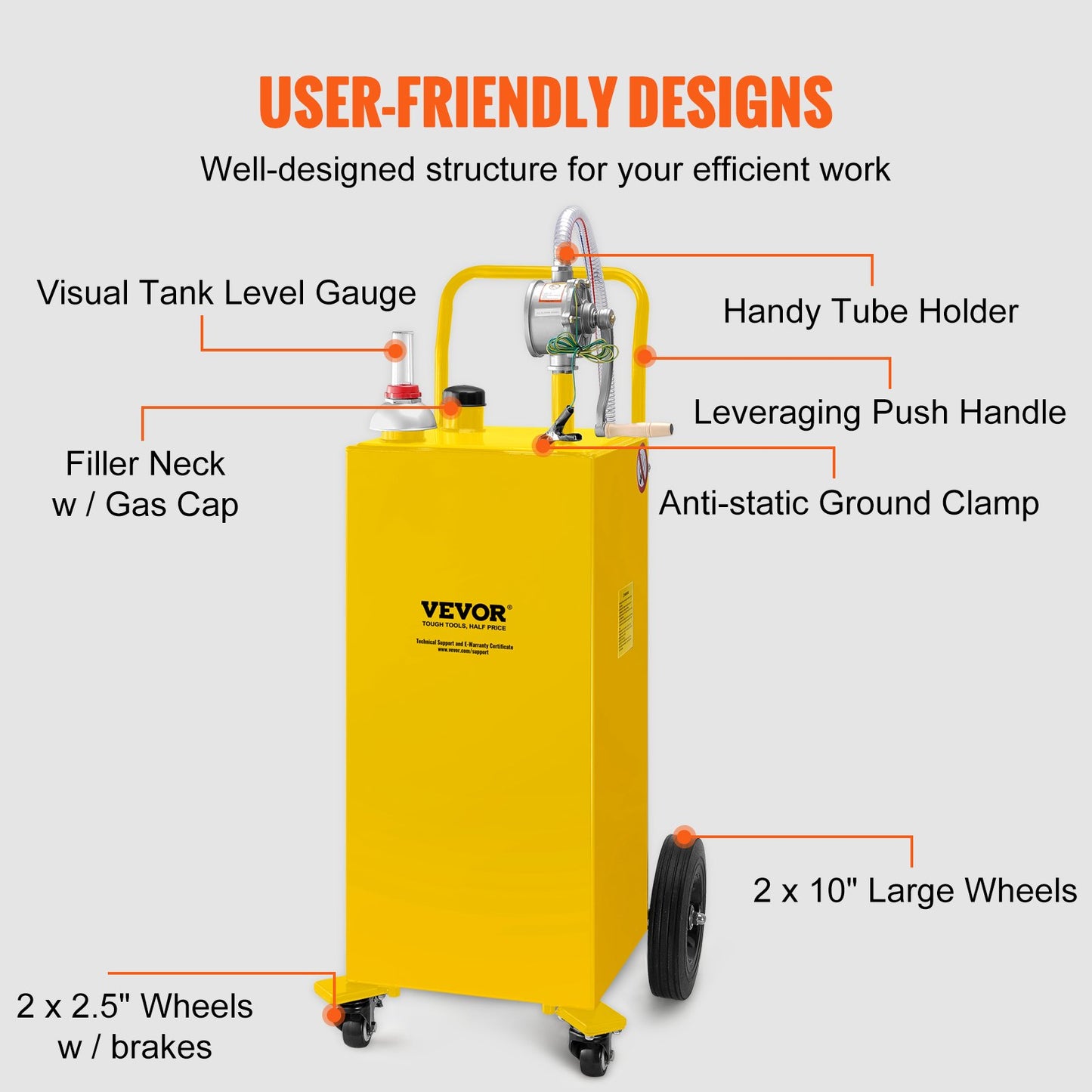 Fuel Caddy, 35 gallon, gaslagringstank på 4 hjul, med manuell överföringspump, bensindieselbränslebehållare för bilar, gräsklippare, terränghjulingar, båtar, mer, gul
