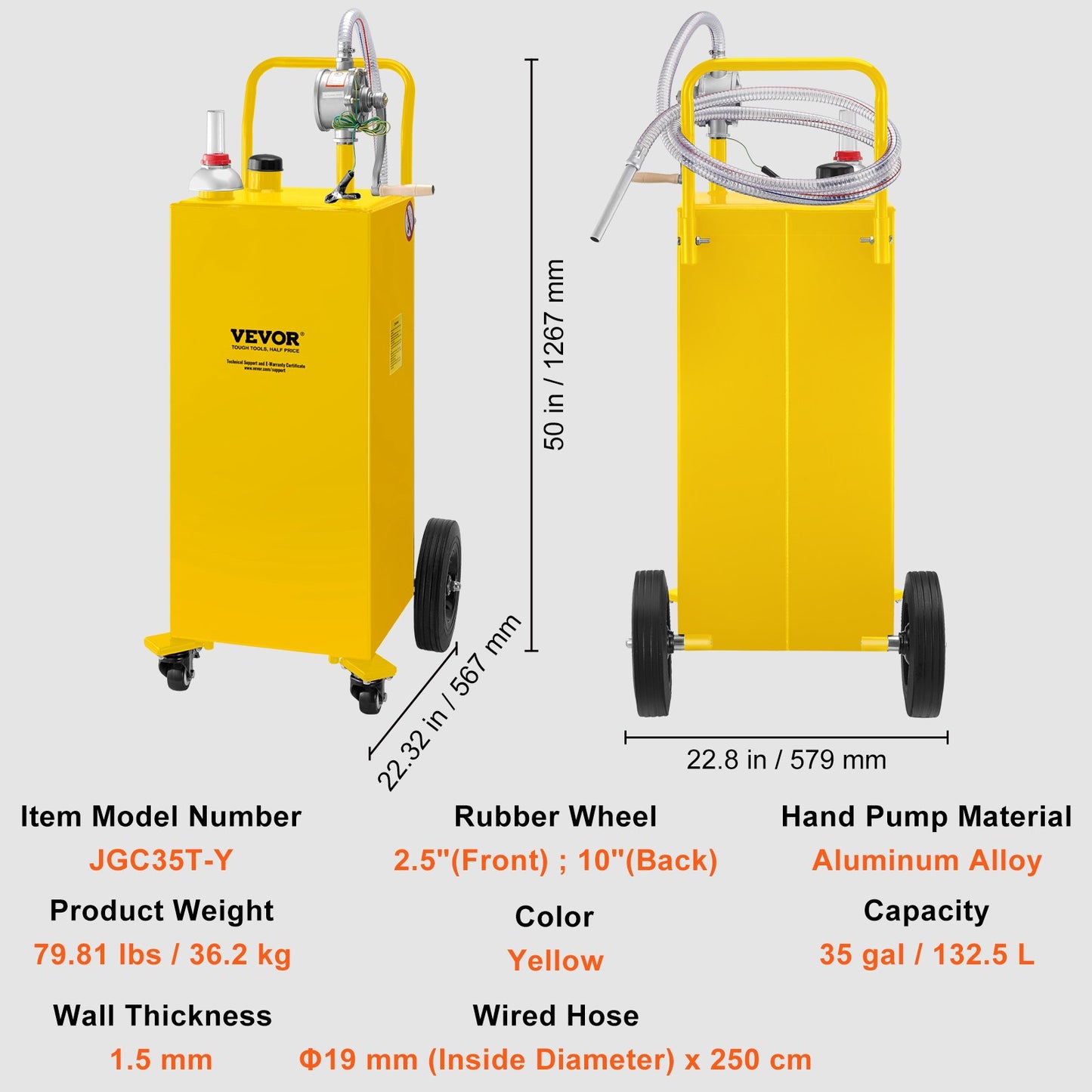 Fuel Caddy, 35 gallon, gaslagringstank på 4 hjul, med manuell överföringspump, bensindieselbränslebehållare för bilar, gräsklippare, terränghjulingar, båtar, mer, gul