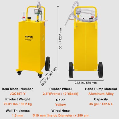 Fuel Caddy, 35 gallon, gaslagringstank på 4 hjul, med manuell överföringspump, bensindieselbränslebehållare för bilar, gräsklippare, terränghjulingar, båtar, mer, gul