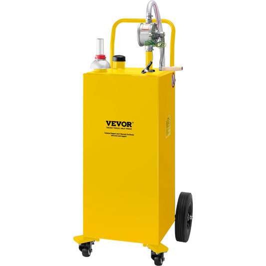 Fuel Caddy, 35 gallon, gaslagringstank på 4 hjul, med manuell överföringspump, bensindieselbränslebehållare för bilar, gräsklippare, terränghjulingar, båtar, mer, gul
