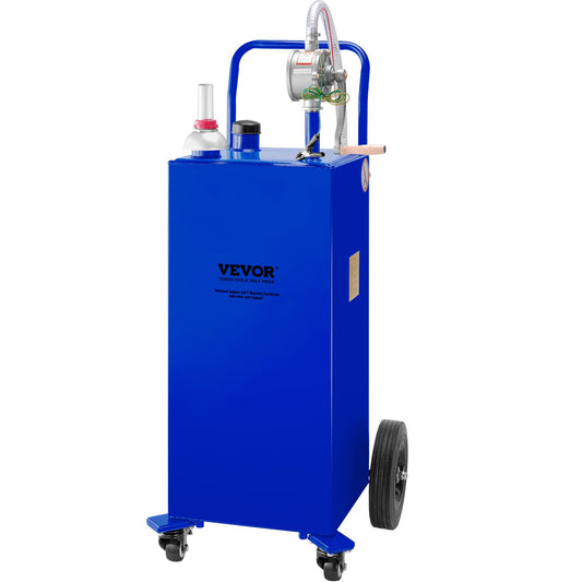30 gallon bränslebehållare, gaslagringstank och 4 hjul, med manuell överföringspump, bensindieselbränslebehållare för bilar, gräsklippare, terränghjulingar, båtar, mer, blå
