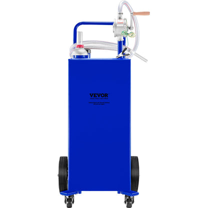 30 gallon bränslebehållare, gaslagringstank och 4 hjul, med manuell överföringspump, bensindieselbränslebehållare för bilar, gräsklippare, terränghjulingar, båtar, mer, blå