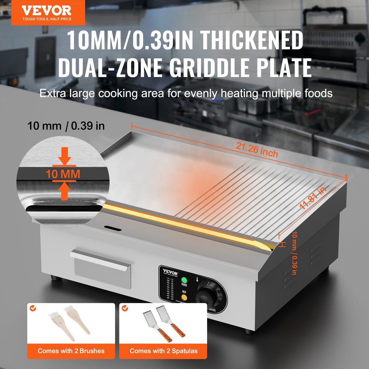 Commercial Electric Grill 3200W Bänkskiva Halv-Plat Top Grill 122℉-572℉
