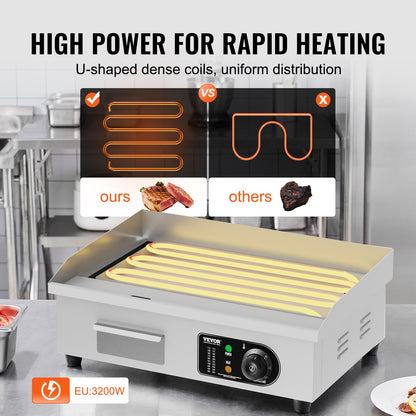Commercial Electric Grill 3200W Bänkskiva Halv-Plat Top Grill 122℉-572℉
