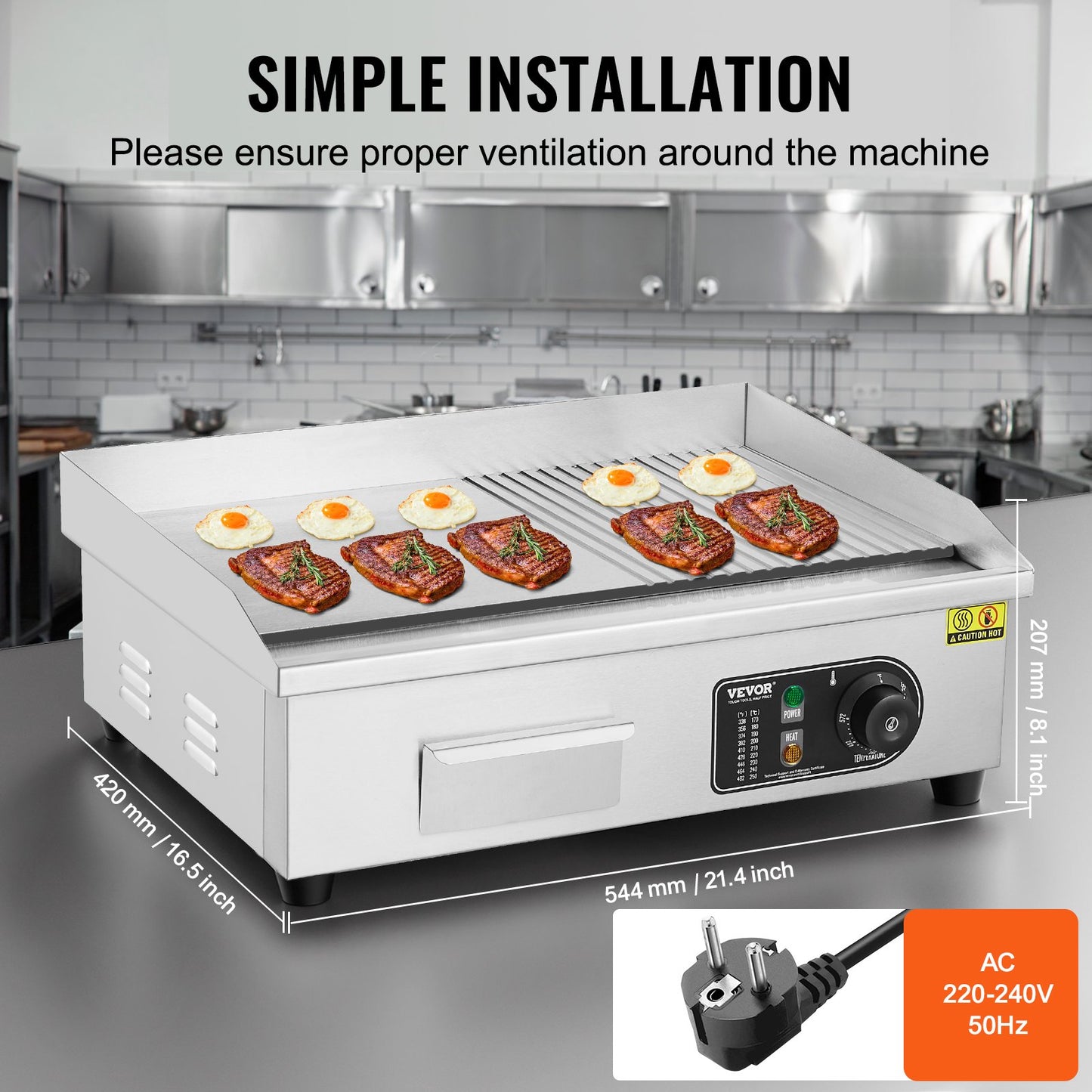 Commercial Electric Grill 3200W Bänkskiva Halv-Plat Top Grill 122℉-572℉