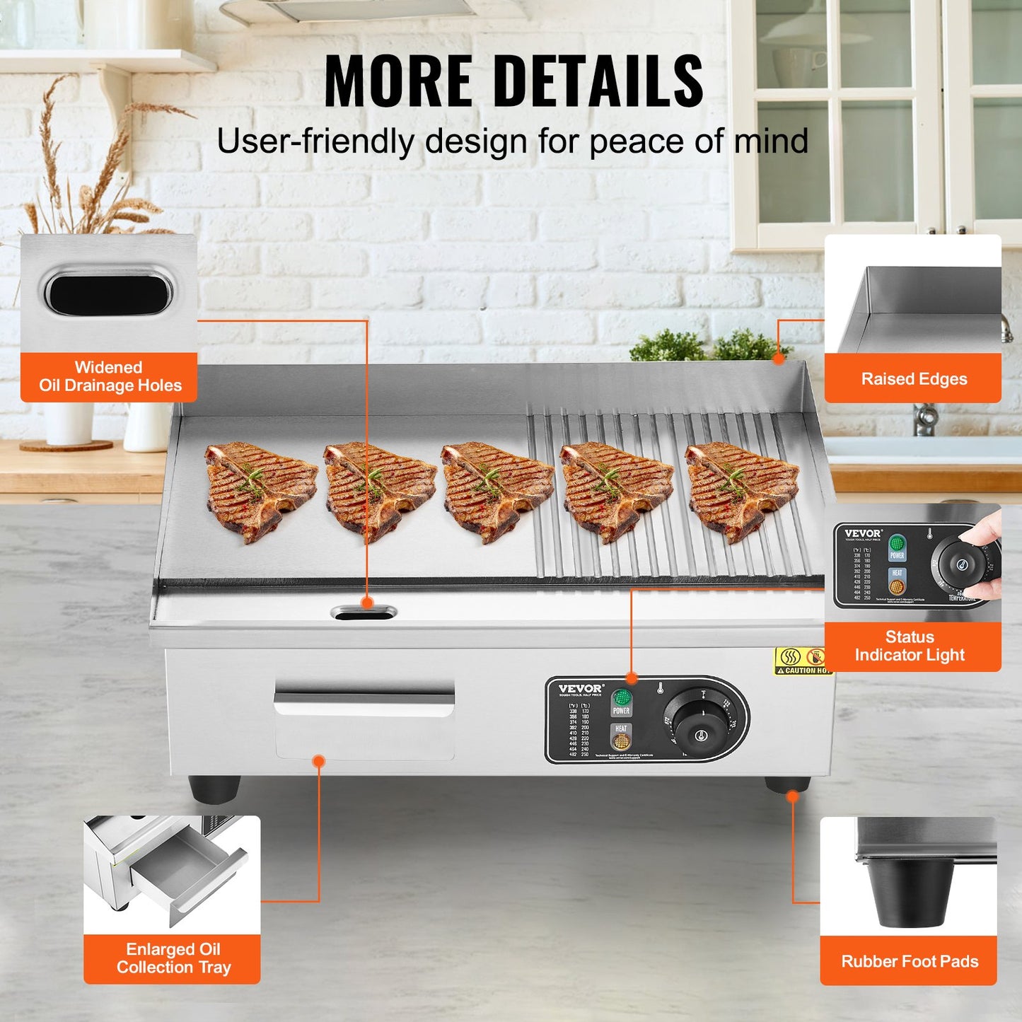 Commercial Electric Grill 3200W Bänkskiva Halv-Plat Top Grill 122℉-572℉