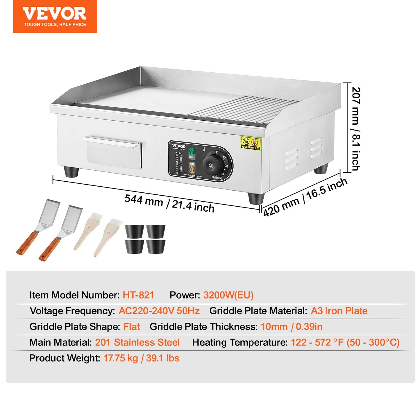 Commercial Electric Grill 3200W Bänkskiva Halv-Plat Top Grill 122℉-572℉