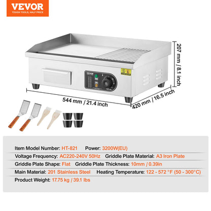 Commercial Electric Grill 3200W Bänkskiva Halv-Plat Top Grill 122℉-572℉