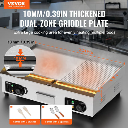 Commercial Electric Grill 4400W Bänkskiva Halv-Plat Top Grill 122℉-572℉
