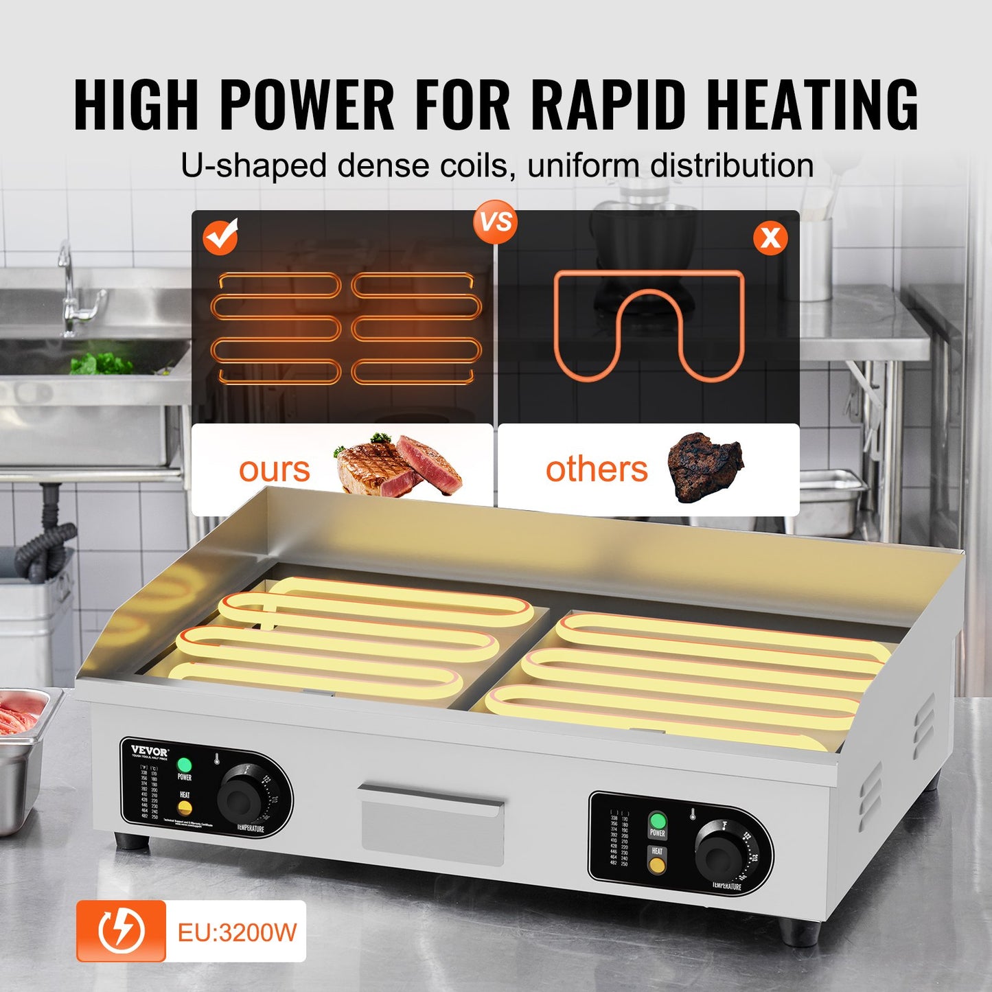Commercial Electric Grill 4400W Bänkskiva Halv-Plat Top Grill 122℉-572℉
