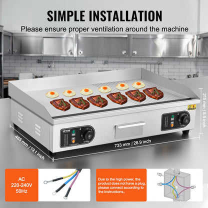Commercial Electric Grill 4400W Bänkskiva Halv-Plat Top Grill 122℉-572℉