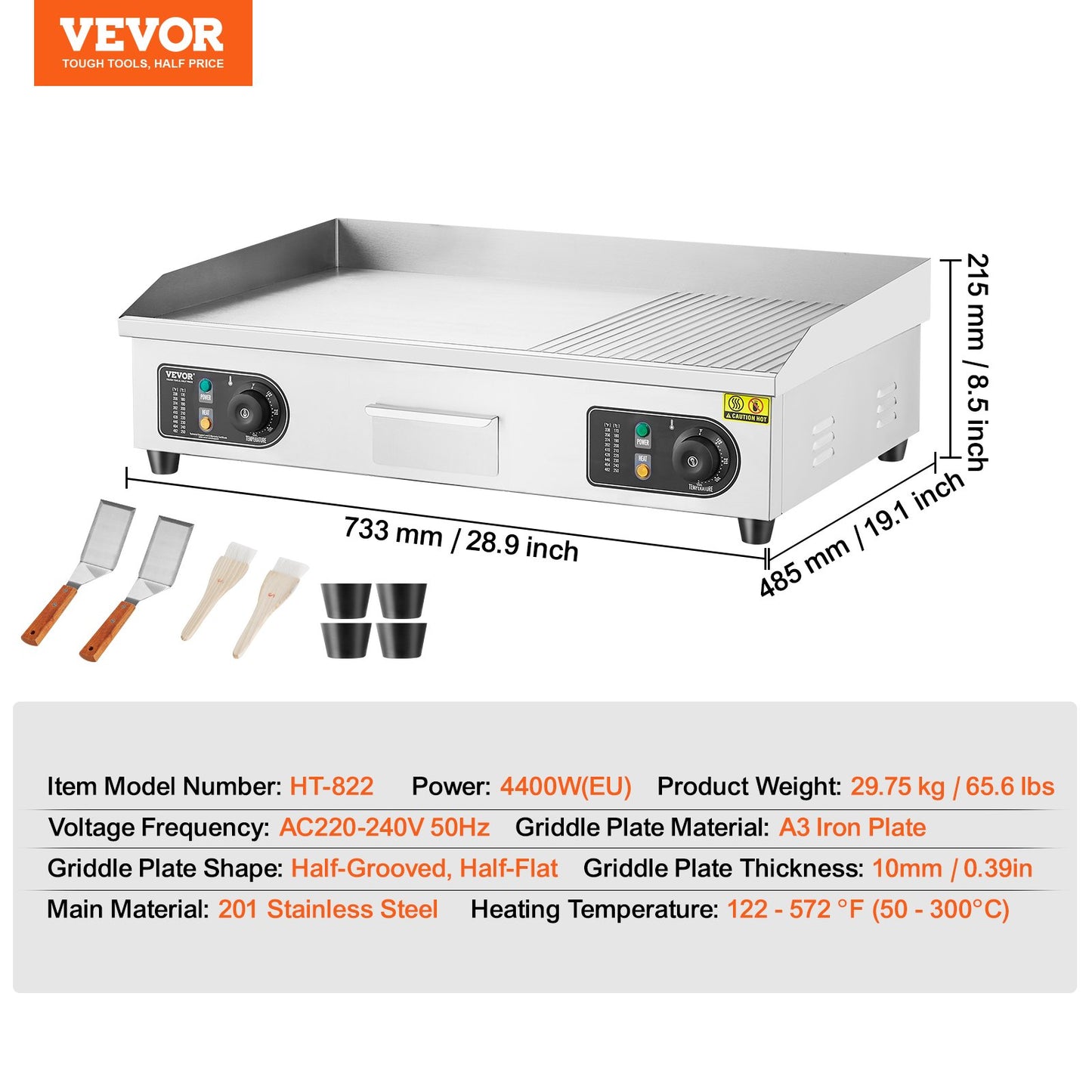Commercial Electric Grill 4400W Bänkskiva Halv-Plat Top Grill 122℉-572℉