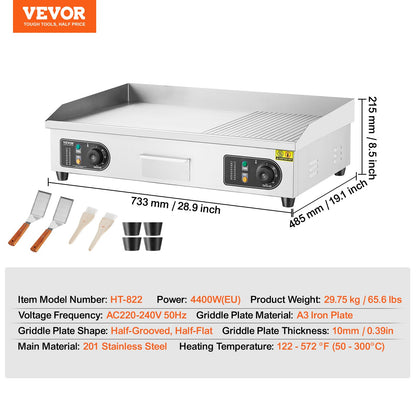 Commercial Electric Grill 4400W Bänkskiva Halv-Plat Top Grill 122℉-572℉