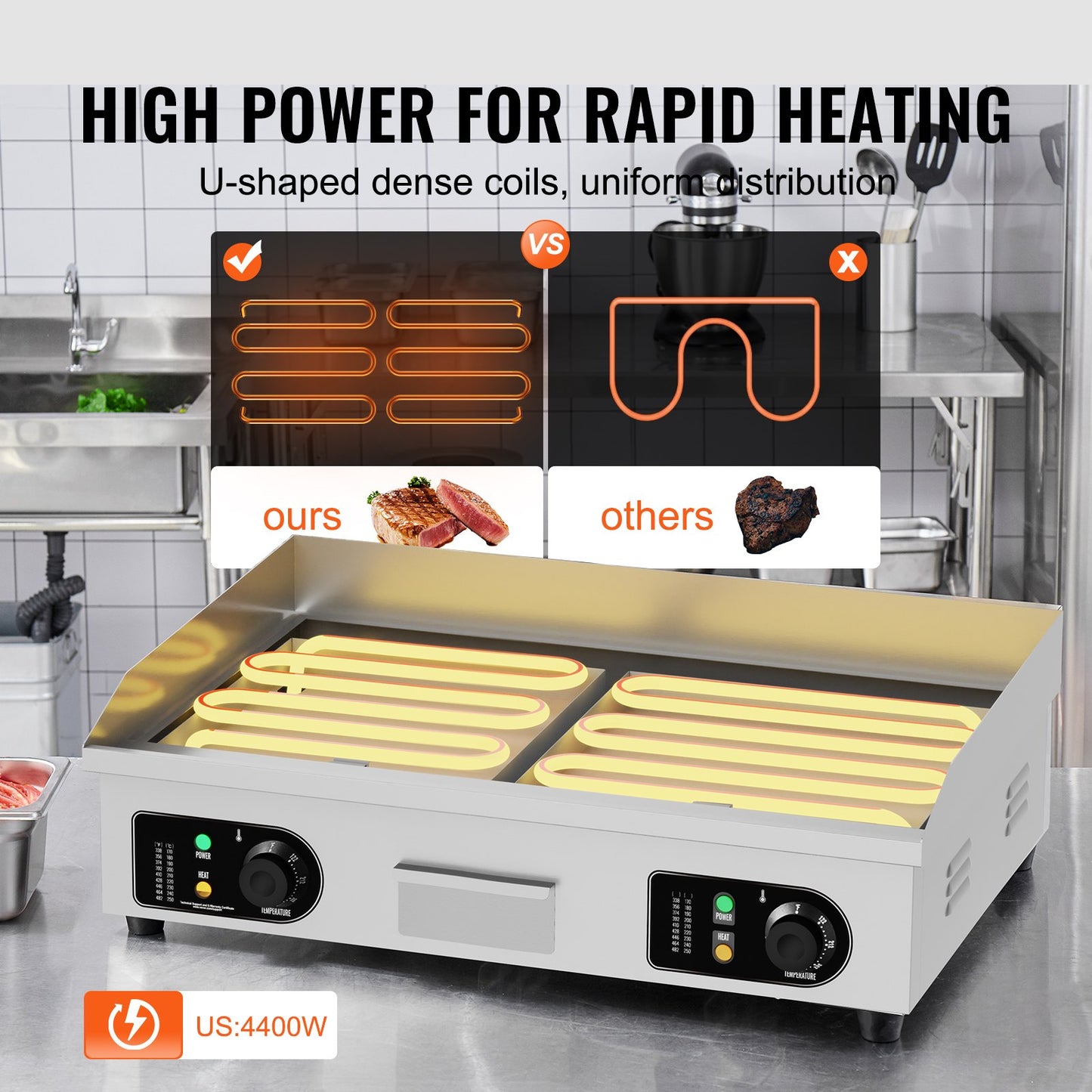 Commercial Electric Grill 4400 W Plattgrill för bänkskiva 122℉-572℉