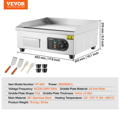 Kommerzieller Elektrogrill, 2800 W, Flachgrill für die Arbeitsplatte, 122℉-572℉