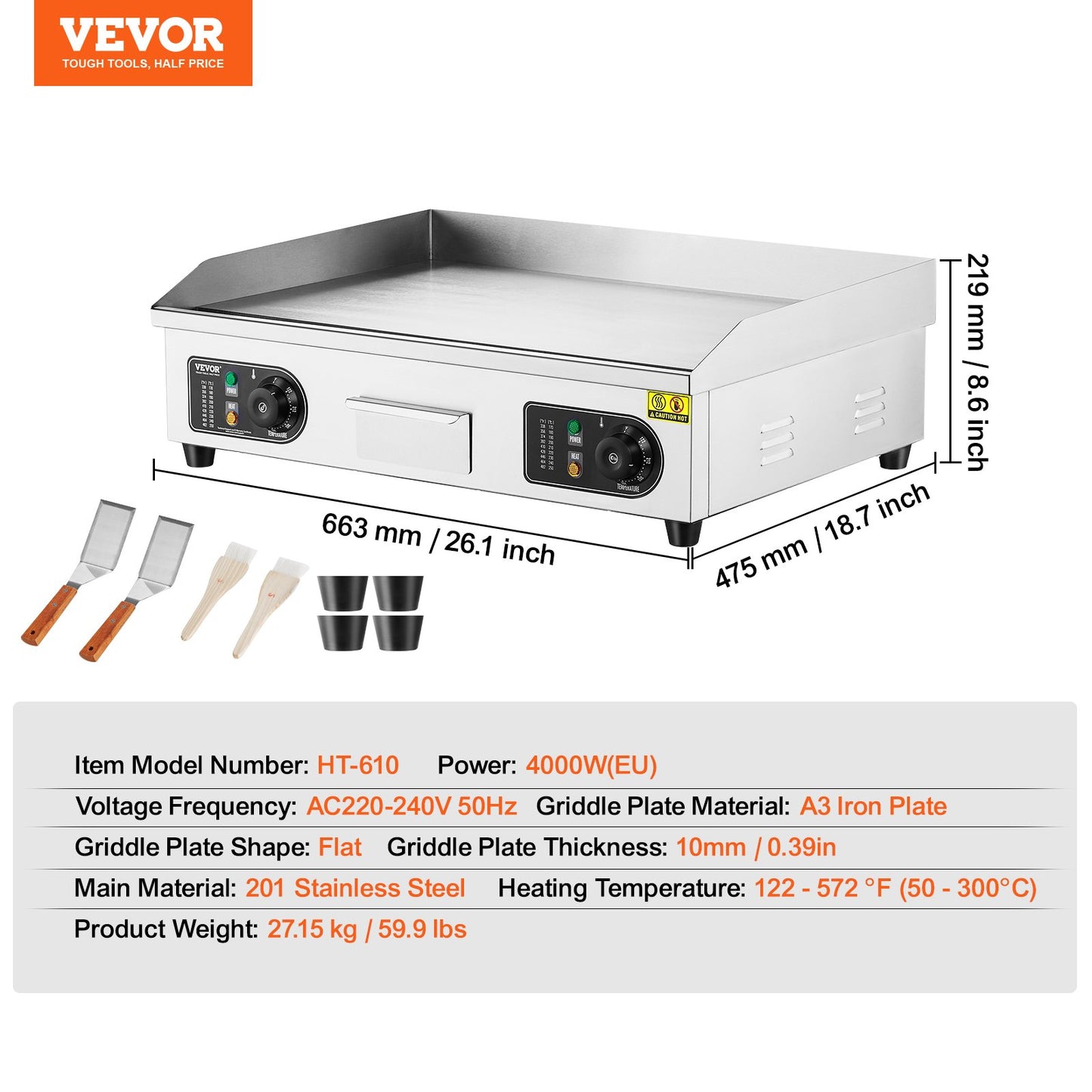 Commercial Electric Grill 4000 W Plattgrill för bänkskiva 122℉-572℉