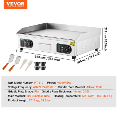 Commercial Electric Grill 4000 W Plattgrill för bänkskiva 122℉-572℉