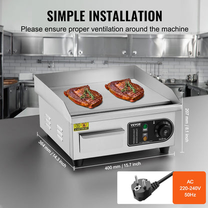 Kommersiell elektrisk grill 2000 W bänkskiva platt grill 122℉-572℉