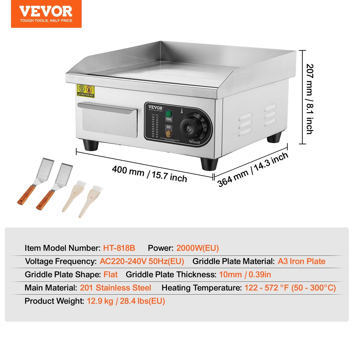 Kommersiell elektrisk grill 2000 W bänkskiva platt grill 122℉-572℉