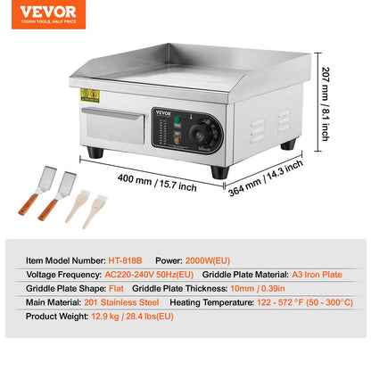 Kommersiell elektrisk grill 2000 W bänkskiva platt grill 122℉-572℉