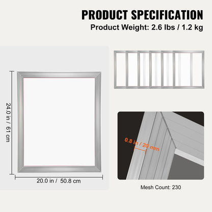 Screen Printing Kit Silk Screen Printing Frame 20x24in 230 Count Mesh 2pc