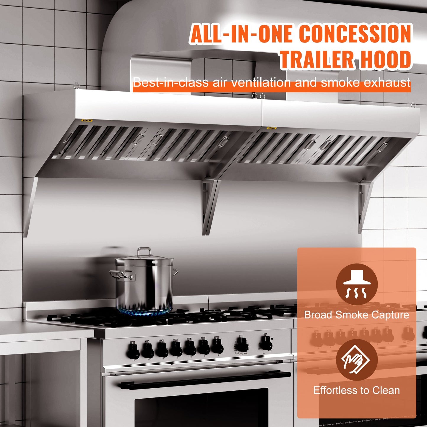 Commercial Exhaust Hood, 9FT Food Truck Hood Exhaust System, 201 Stainless Steel Concession Truck Hood with 4 Removable U-Shaped Grids Oil Filter Mesh, Rust-Resistant Vent Cover for Kitchen Restaurant