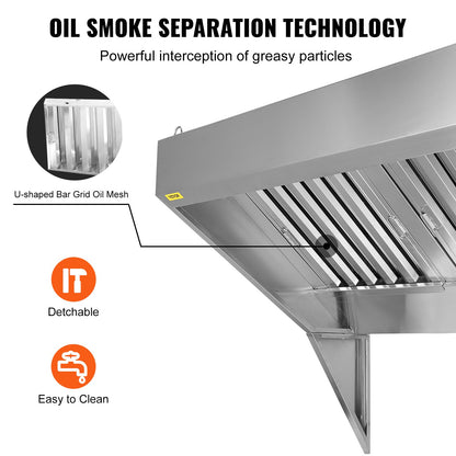 Commercial Exhaust Hood, 9FT Food Truck Hood Exhaust System, 201 Stainless Steel Concession Truck Hood with 4 Removable U-Shaped Grids Oil Filter Mesh, Rust-Resistant Vent Cover for Kitchen Restaurant