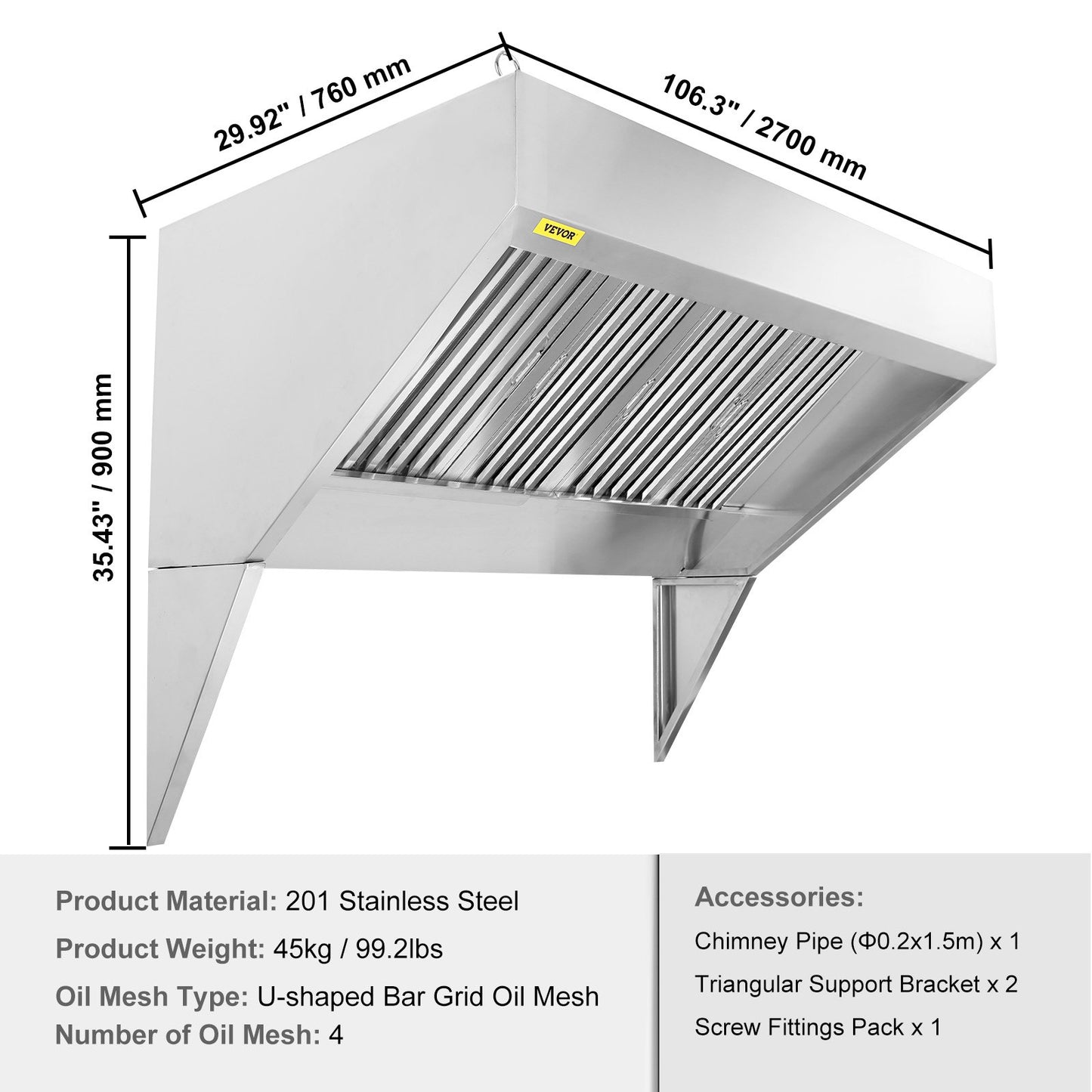 Commercial Exhaust Hood, 9FT Food Truck Hood Exhaust System, 201 Stainless Steel Concession Truck Hood with 4 Removable U-Shaped Grids Oil Filter Mesh, Rust-Resistant Vent Cover for Kitchen Restaurant