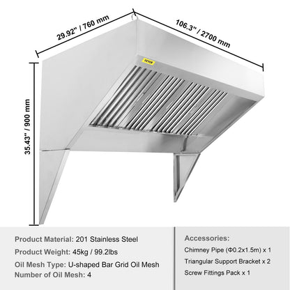 Commercial Exhaust Hood, 9FT Food Truck Hood Exhaust System, 201 Stainless Steel Concession Truck Hood with 4 Removable U-Shaped Grids Oil Filter Mesh, Rust-Resistant Vent Cover for Kitchen Restaurant