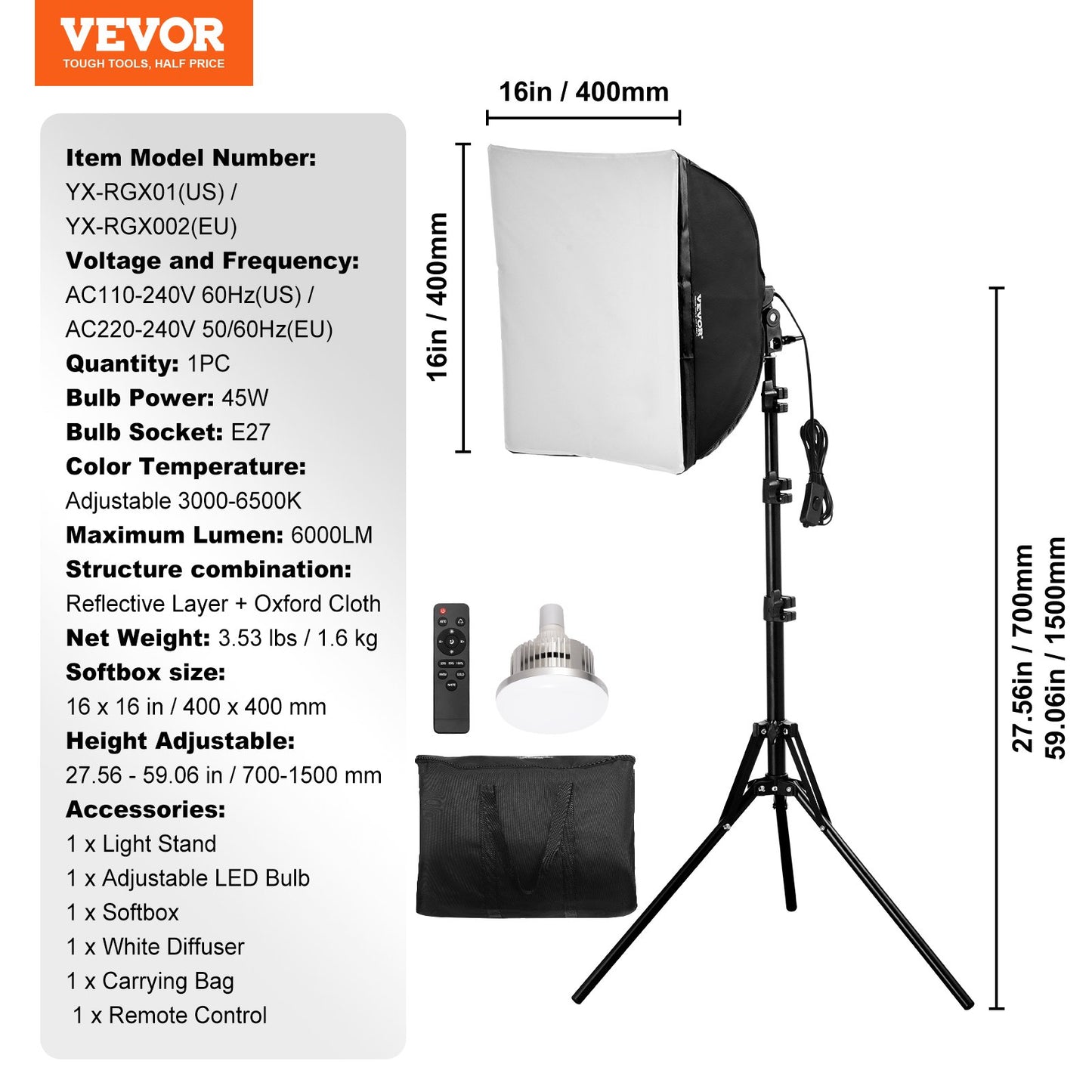 Softbox Lighting Kit 16 tum x 16 tum 3000-6500K Justerbar för fotografering