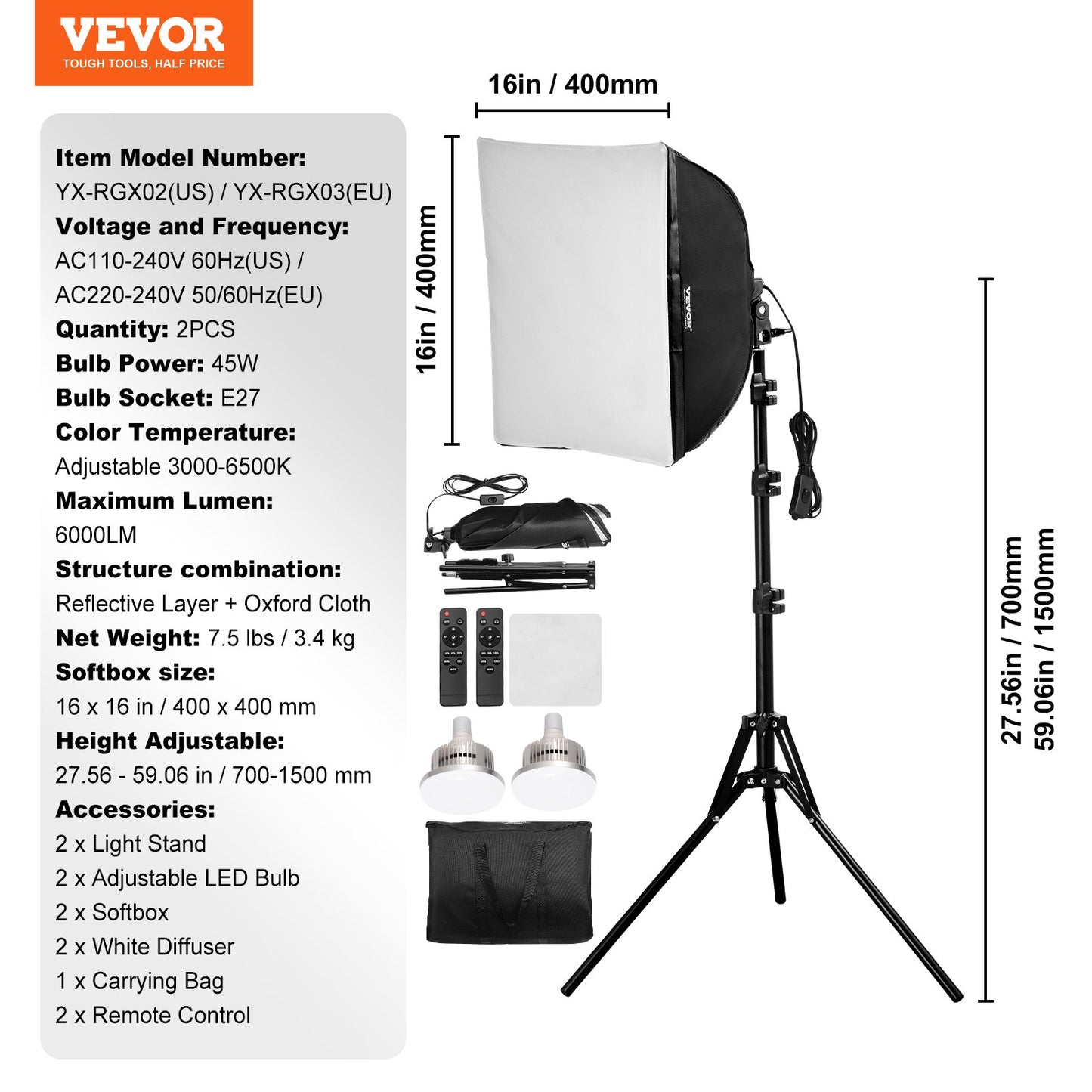 Softbox Lighting Kit 16 inch x 16 inch 3000-6500K Adjustable for Photography