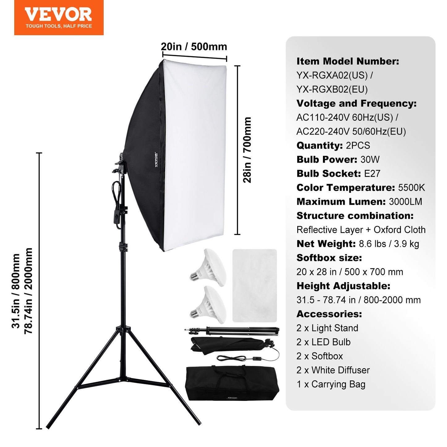 Softbox Lighting Kit 20 tum x 28 tum 30W 5500K LED-lampor justerbart stativ