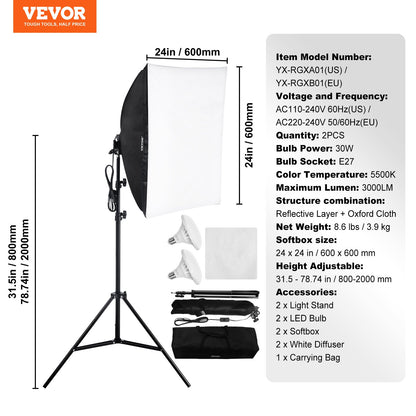 Softbox Lighting Kit 24 tum x 24 tum 30W 5500K LED-lampor justerbart stativ