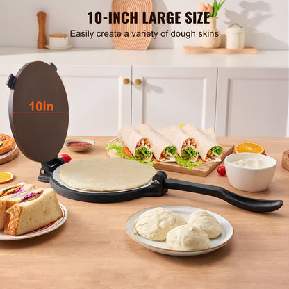 Tortillapresse, 10 Zoll Tortilla- und Roti-Maker, Hochleistungs-Tortilladora-Presse aus Gusseisen, vorgewürzter Pataconera-Maker mit 100 Stück Pergamentpapier, Teigmaschine für Mehltortilla, Tawa, Silber