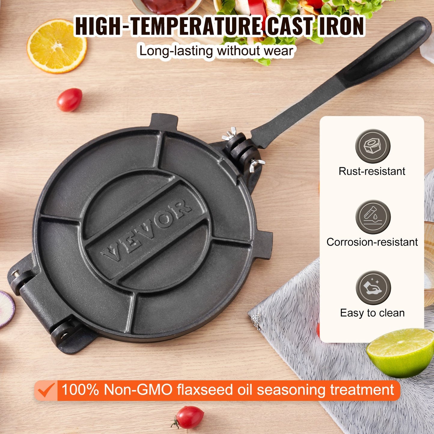 Tortillapresse, 10 Zoll Tortilla- und Roti-Maker, Hochleistungs-Tortilladora-Presse aus Gusseisen, vorgewürzter Pataconera-Maker mit 100 Stück Pergamentpapier, Teigmaschine für Mehltortilla, Tawa, Silber